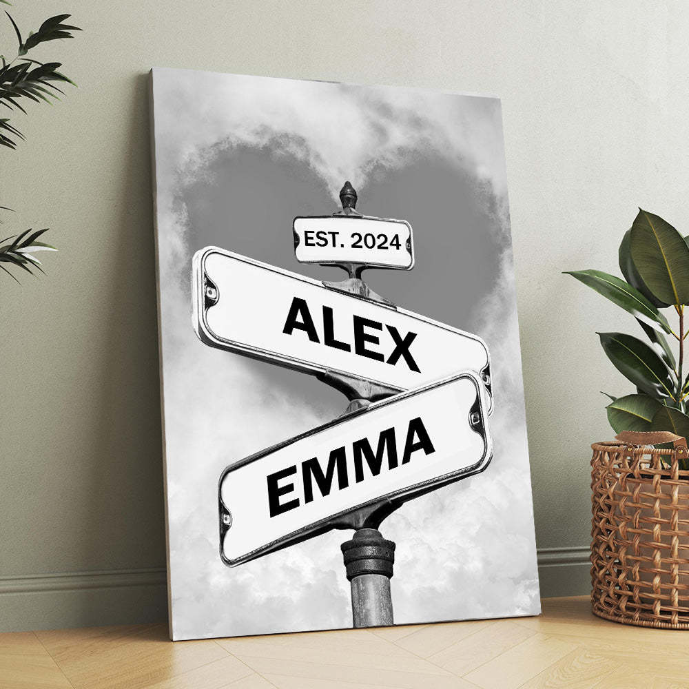 Personalized Couple Names Street Heart Sign Canvas Wall Art Frame