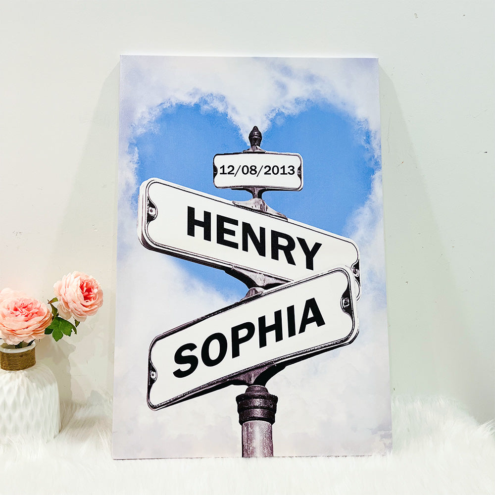 Personalized Couple Names Street Heart Sign Canvas Wall Art Frame