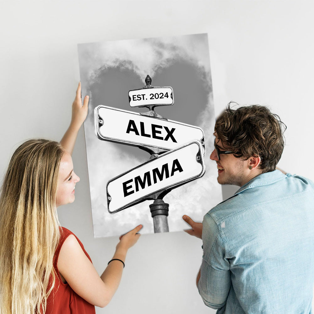 Personalized Couple Names Street Heart Sign Canvas Wall Art Frame