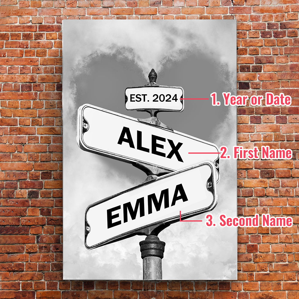 Personalized Couple Names Street Heart Sign Canvas Wall Art Frame