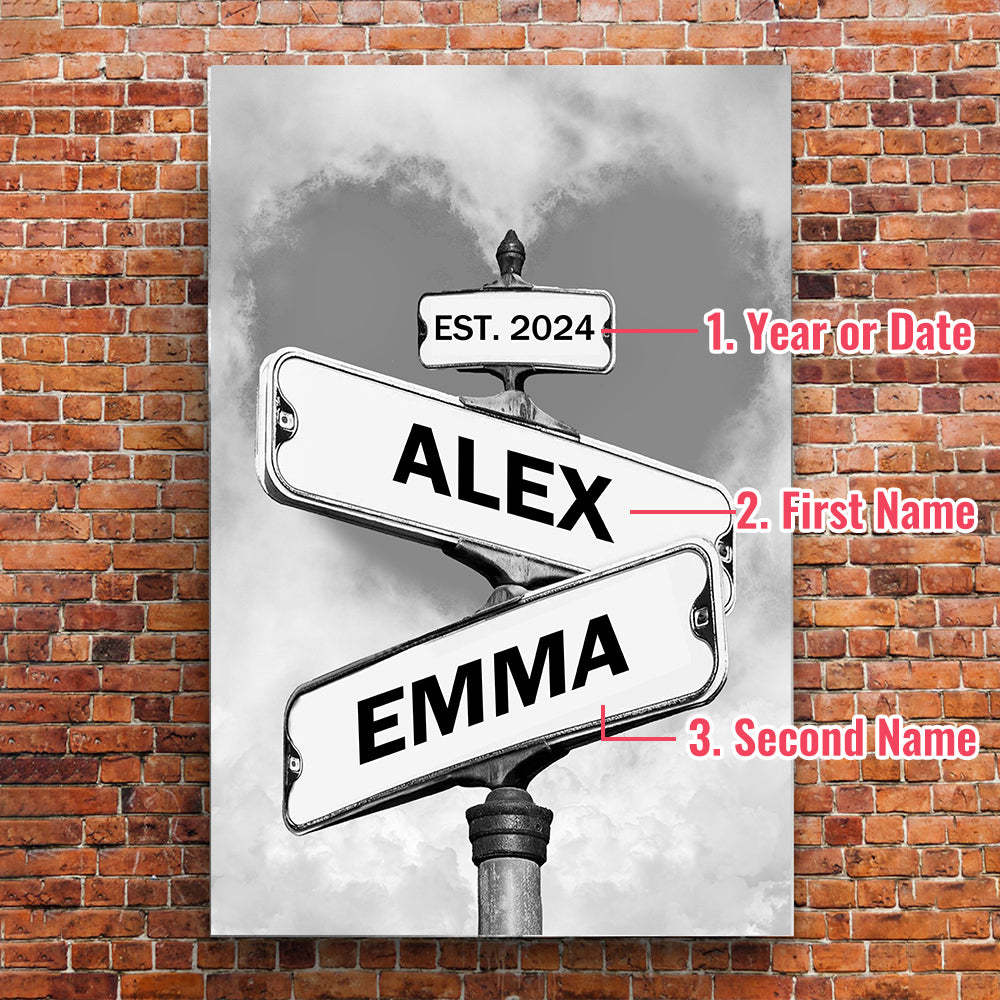 Personalized Couple Names Street Heart Sign Canvas Wall Art Frame