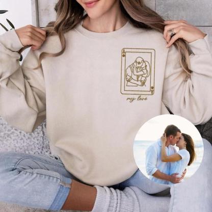 Custom Playing Cards Photo Couple Portrait Outline Embroidery Sweatshirt