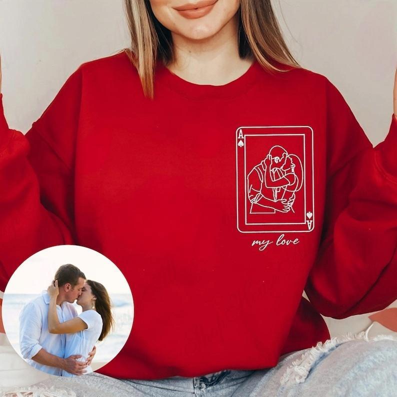 Custom Playing Cards Photo Couple Portrait Outline Embroidery Sweatshirt