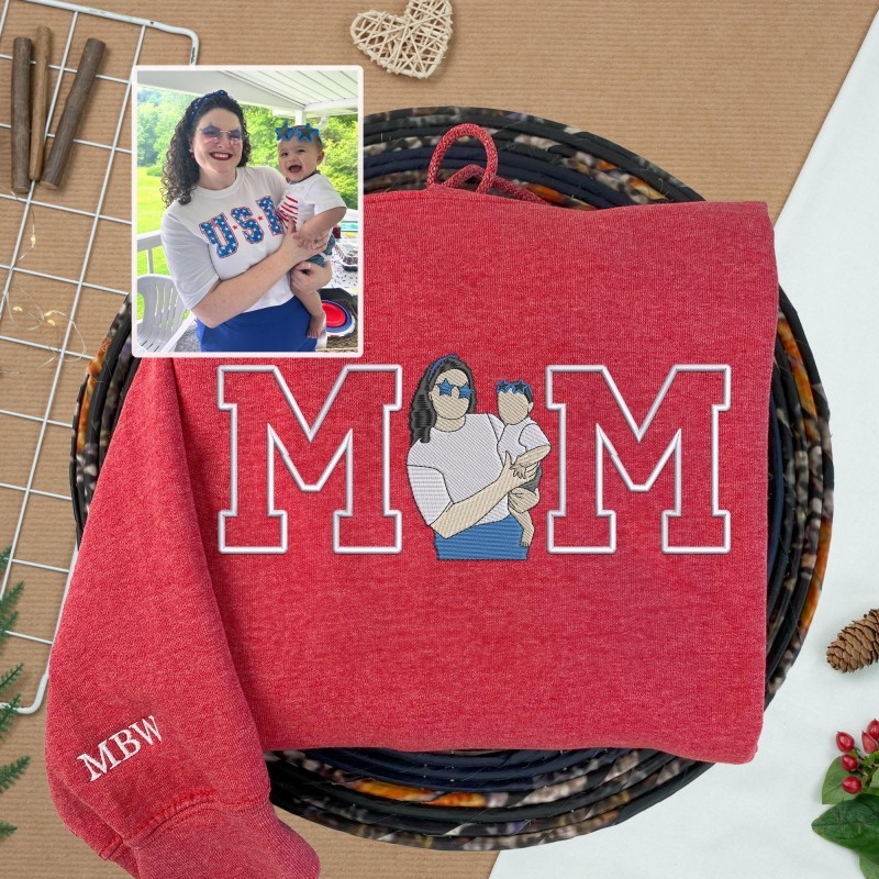 Custom Mama Photo Portrait Embroidery Sweatshirt With Kids Names