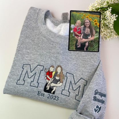 Custom Mama Photo Portrait Embroidery Sweatshirt With Kids Names
