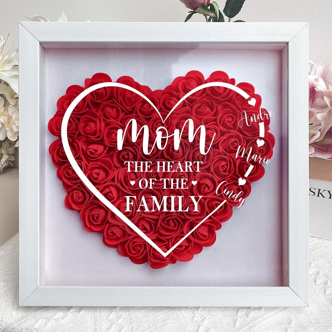 Mom The Heart Of The Family - Personalized Flower Shadow Box 