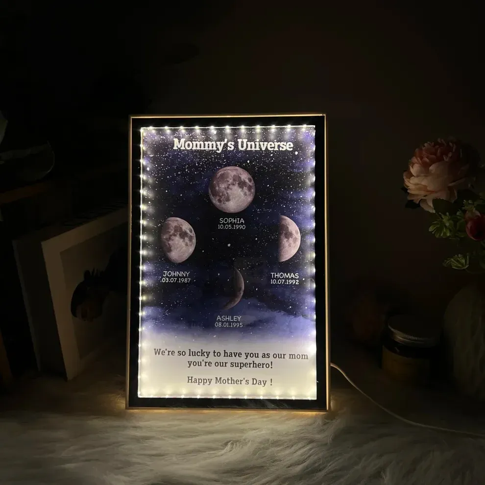 Mummy's Universe - Personalised Customised Starry Moon Phase Mirror Lightboxes