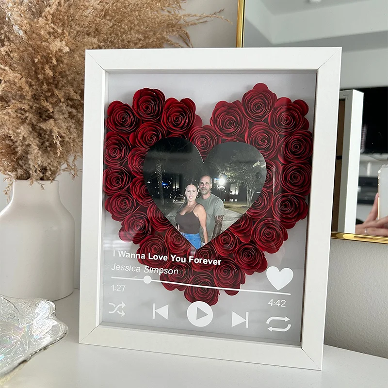 Personalized Roses Flower Shadow Box With Couple Photo For Wedding Anniversary Valentine's Day