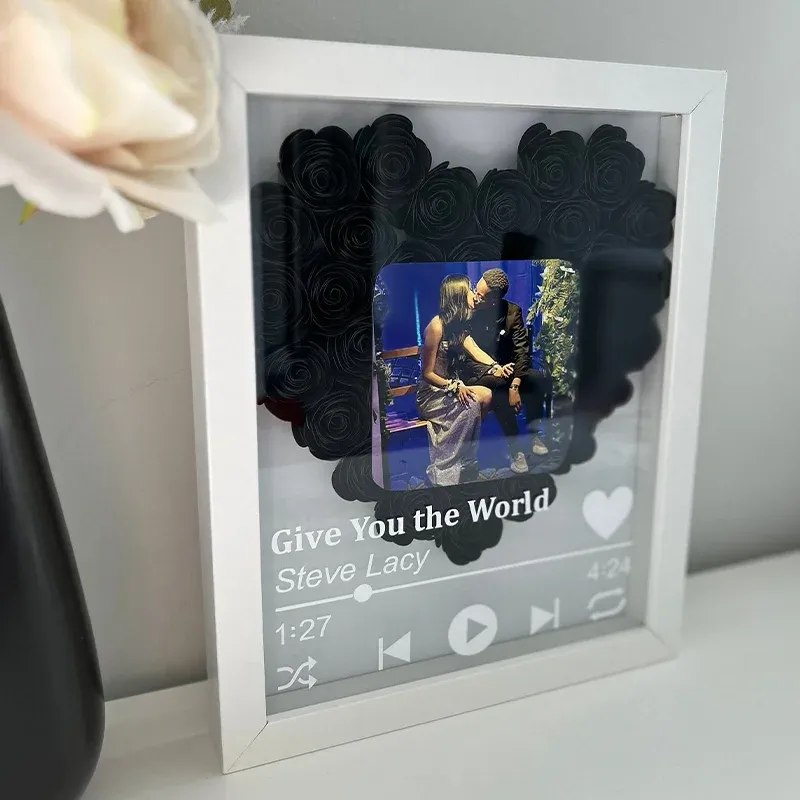 Personalized Roses Flower Shadow Box With Couple Photo For Wedding Anniversary Valentine's Day