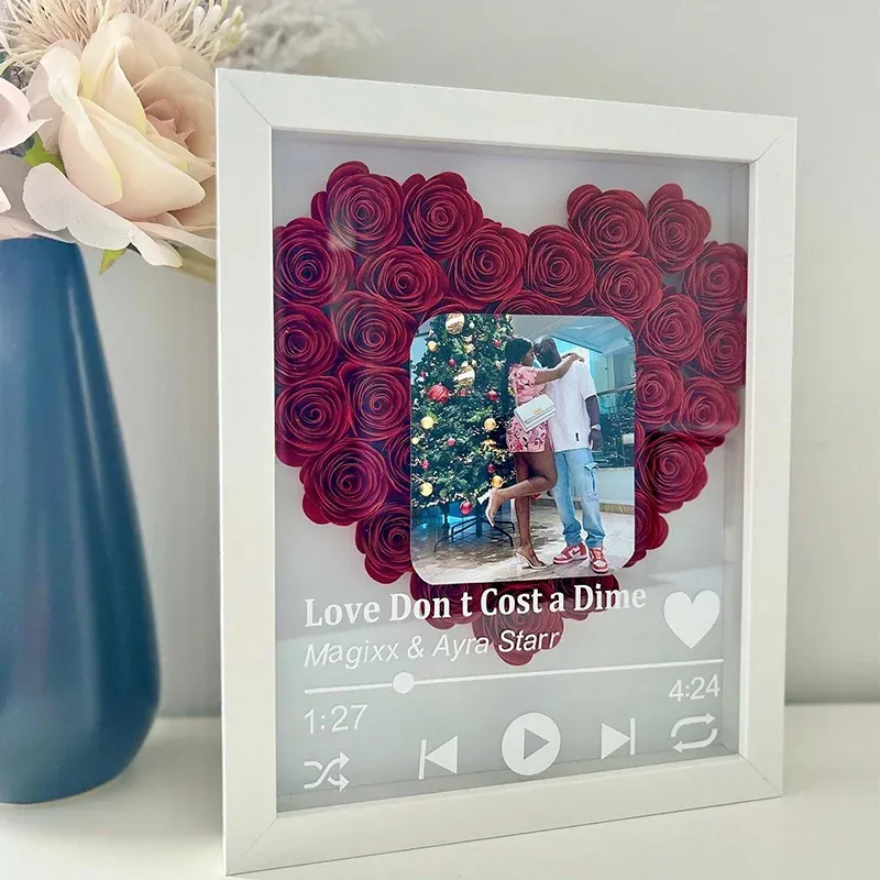 Personalized Roses Flower Shadow Box With Couple Photo For Wedding Anniversary Valentine's Day