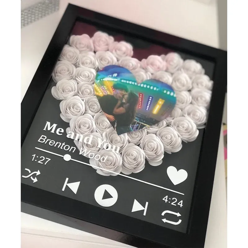 Personalized Roses Flower Shadow Box With Couple Photo For Wedding Anniversary Valentine's Day