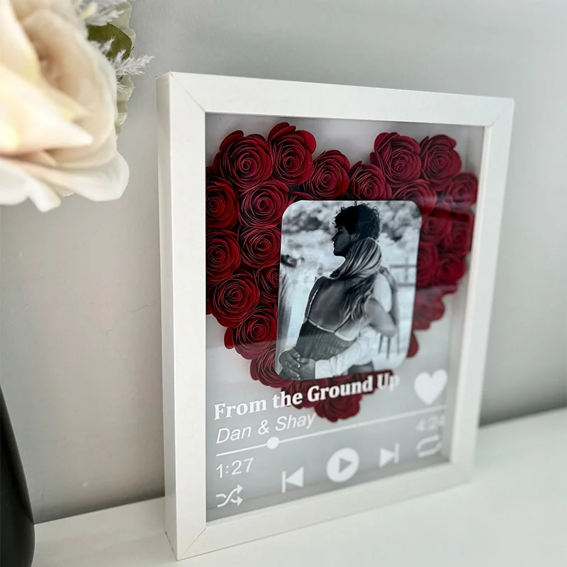 Personalized Roses Flower Shadow Box With Couple Photo For Wedding Anniversary Valentine's Day
