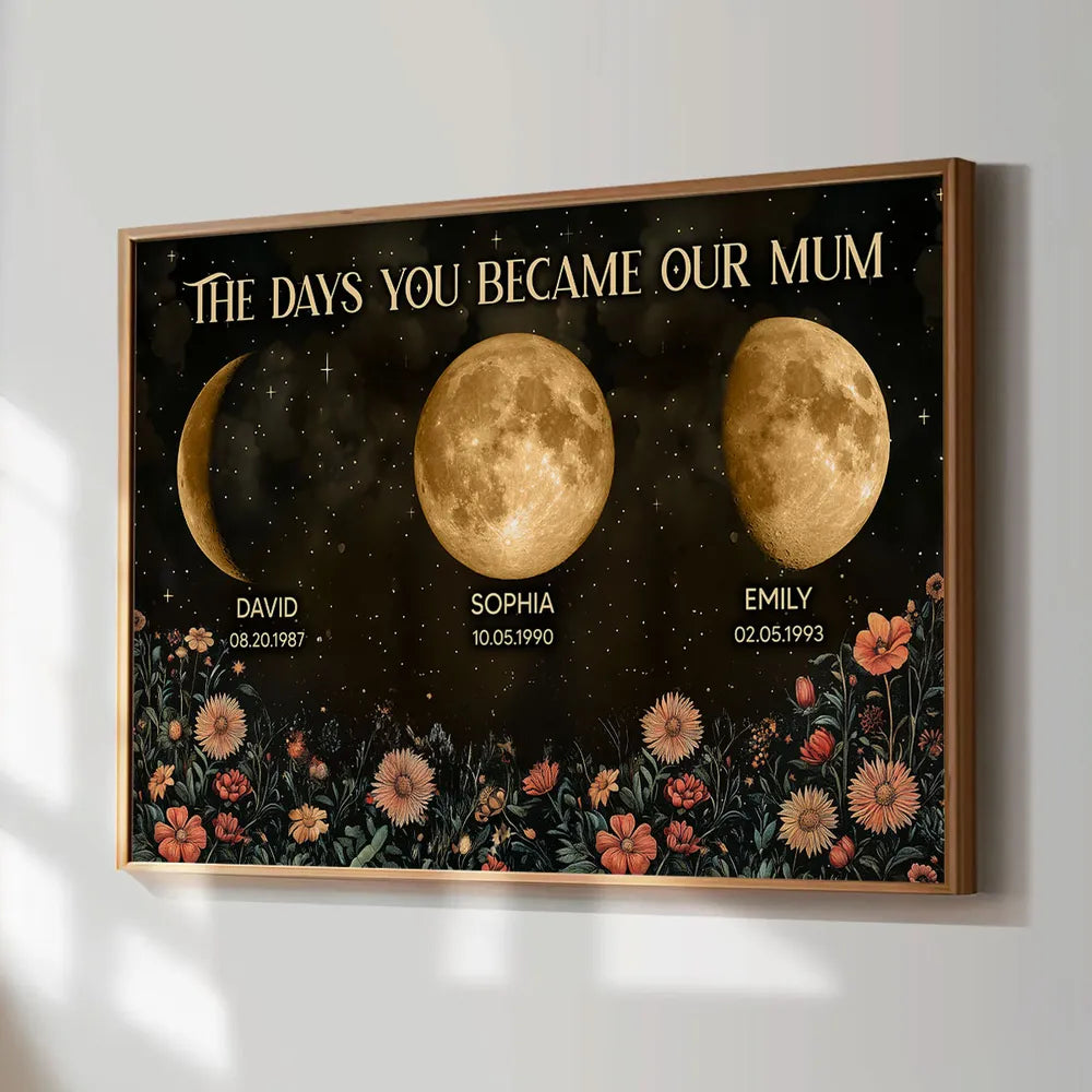 Custom Birth Moon Phase Personalized Poster Vintage Flowers, Heartfelt 2025 Mother's Day Gift