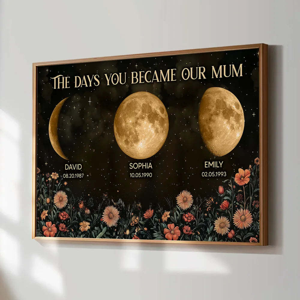 Custom Birth Moon Phase Personalized Poster Vintage Flowers, Heartfelt 2025 Mother's Day Gift