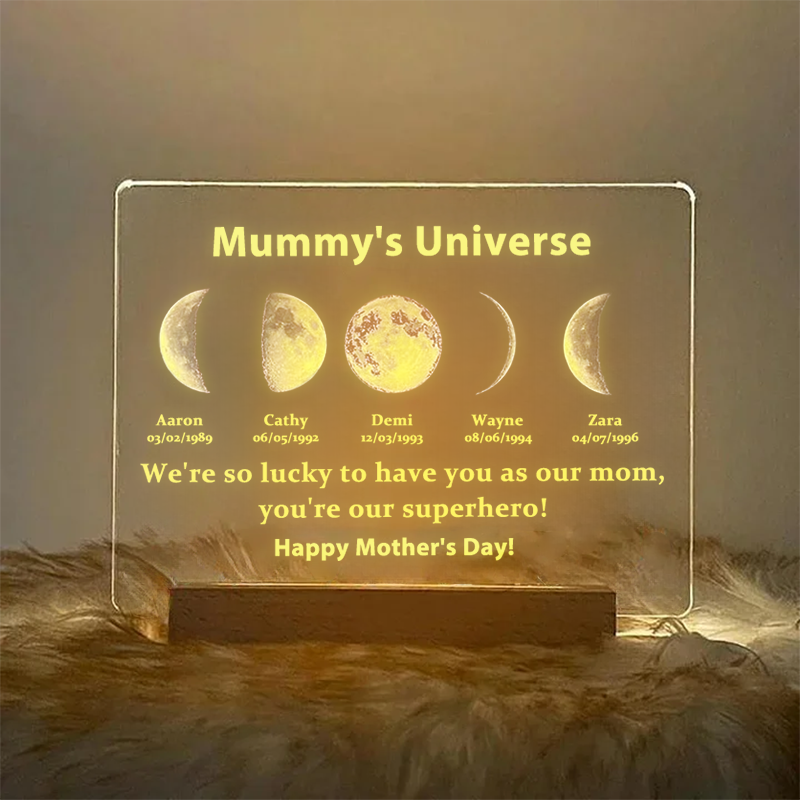 Led Light Wood Base with text and date - Mummy's Universe