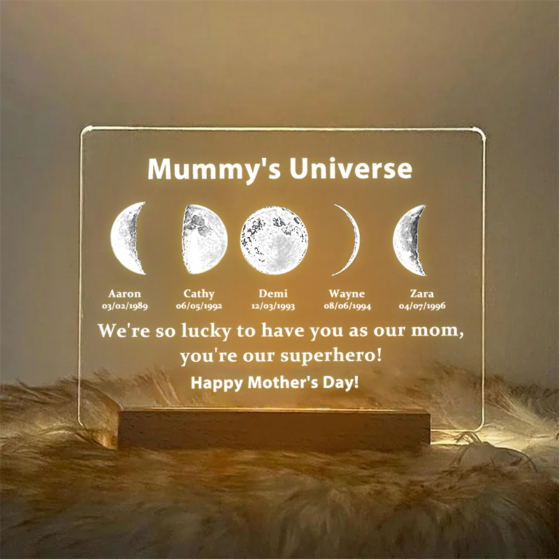 Led Light Wood Base with text and date - Mummy's Universe