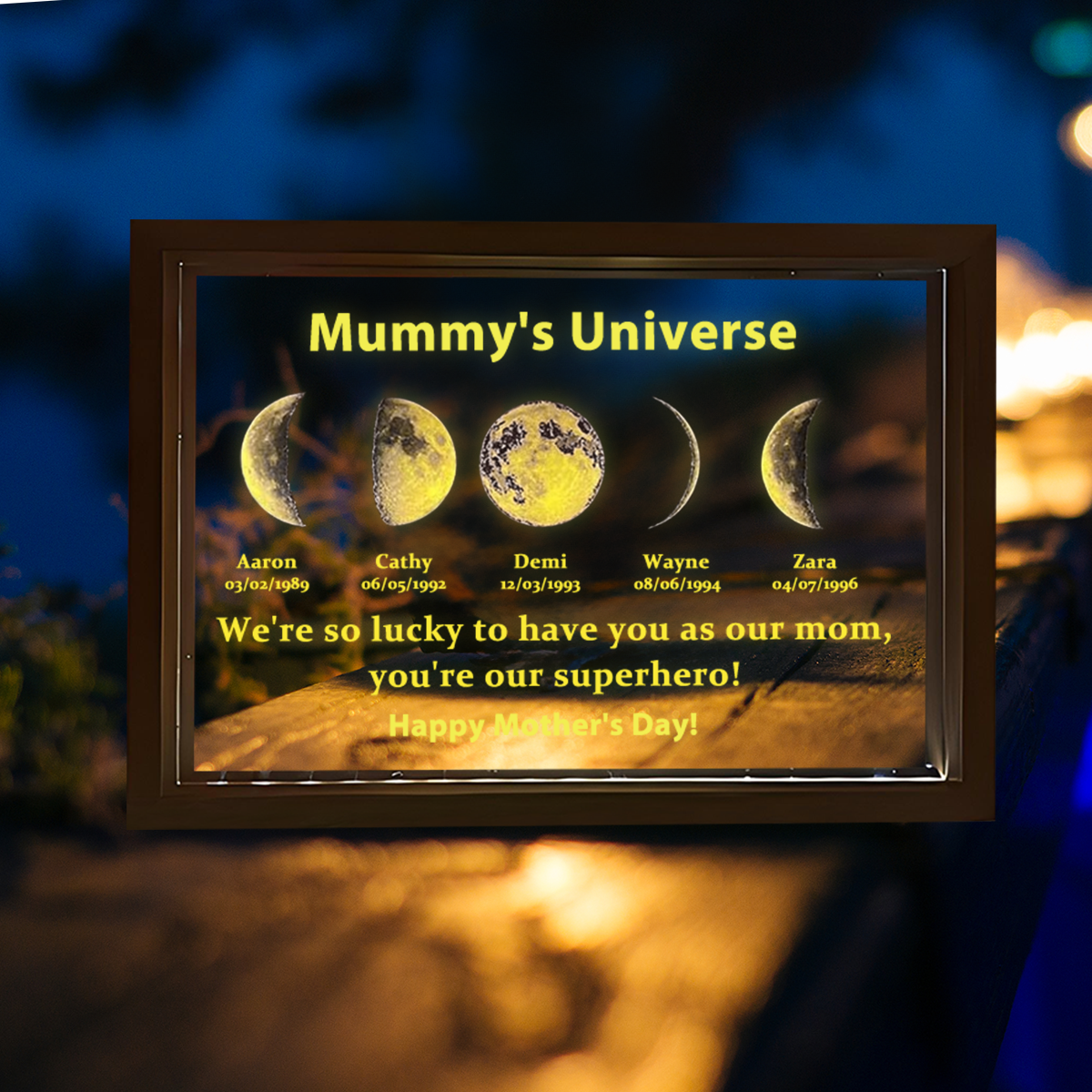 Led light frame with text and date - mum's universe