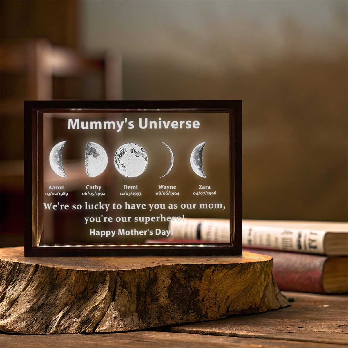 Led light frame with text and date - mum's universe