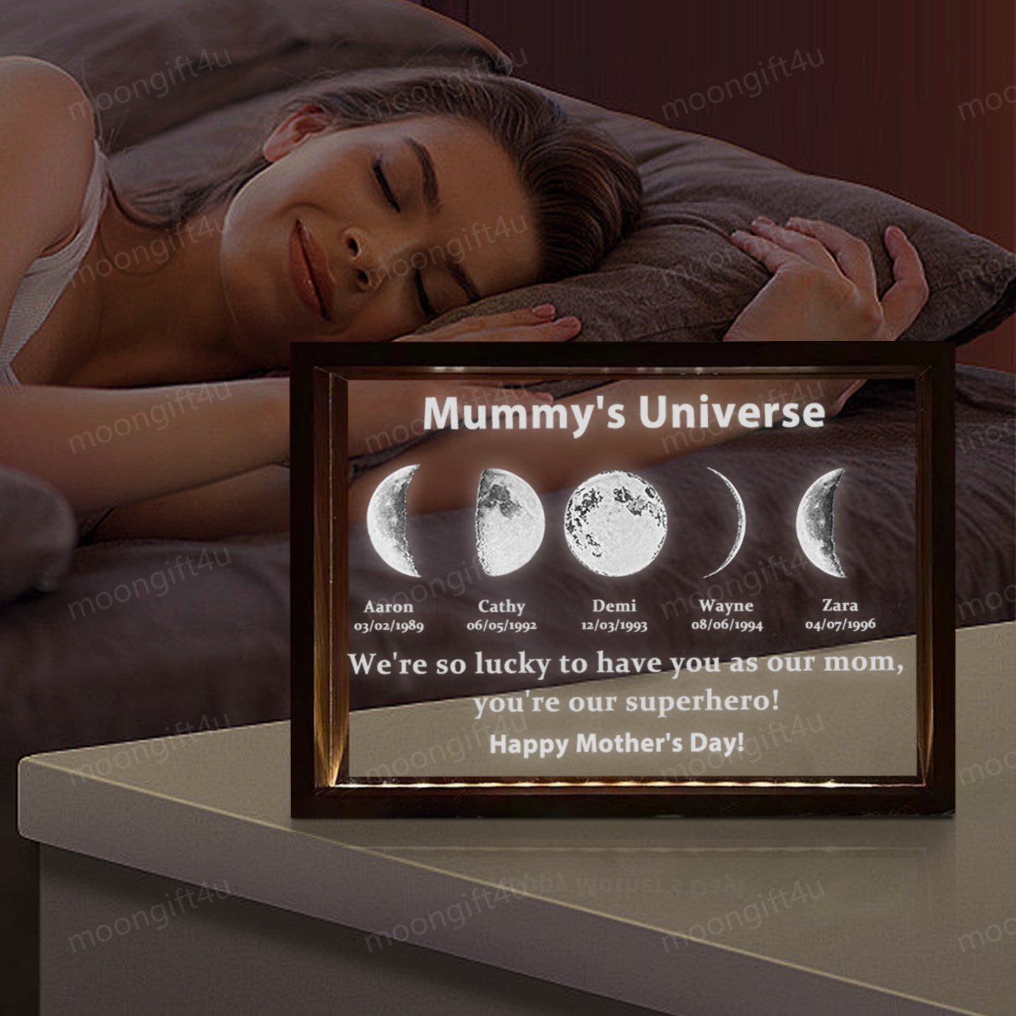 Led light frame with text and date - mum's universe