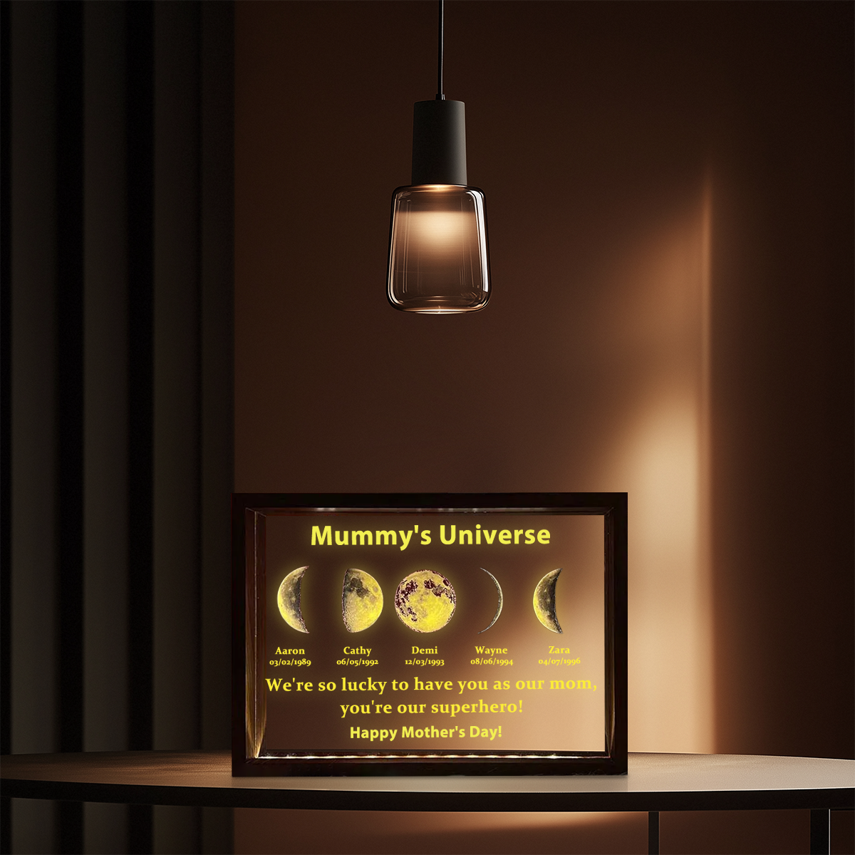 Led light frame with text and date - mum's universe