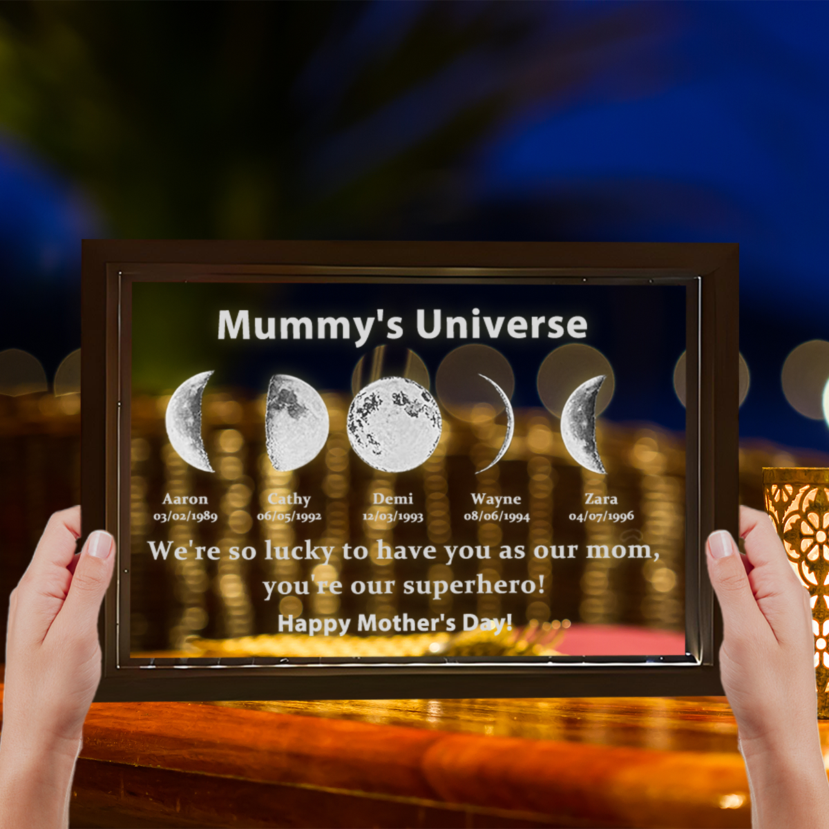 Led light frame with text and date - mum's universe