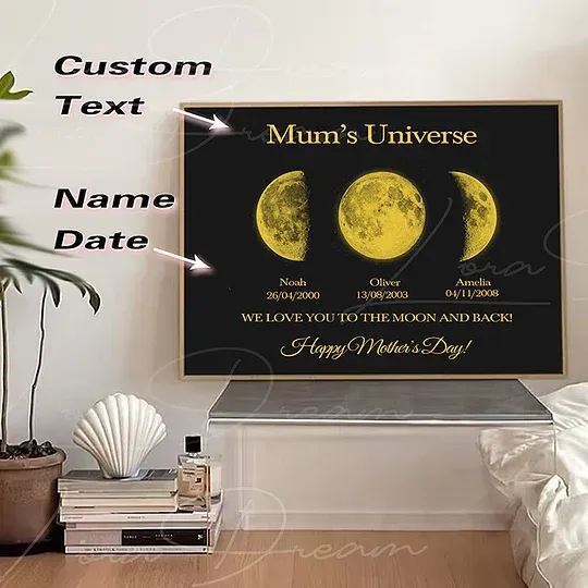 Mum's Universe - Personalized Moon Phases Frame With Text & Date - Gift for Mum, Mother's Day Gift