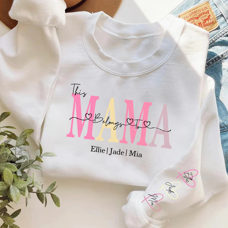 Personalized This Belongs to mum-Wear Heart On Sleeve Mama Sweatshirt with Kid Names on Sleeves-Mother's Day Sale!-Creatgifts