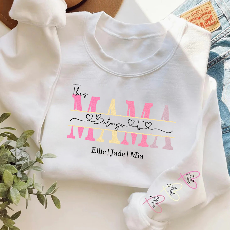 This Belongs to mum-Personalized Wear Heart On Sleeve Mama Sweatshirt with Kid Names on Sleeves-Mother's Day Sale!-Creatgifts