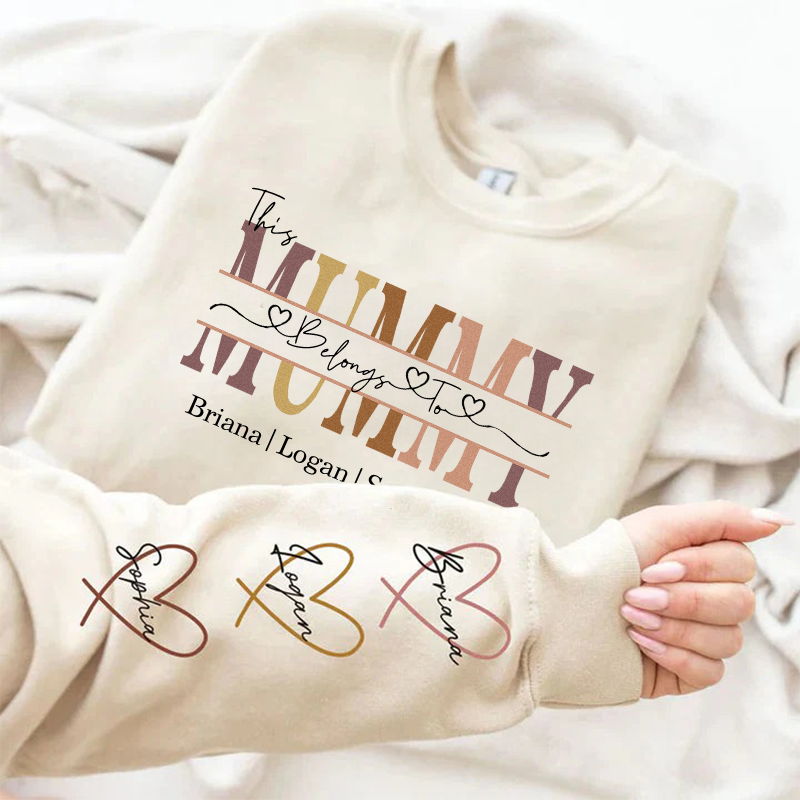 This Belongs to mum-Personalized Wear Heart On Sleeve Mama Sweatshirt with Kid Names on Sleeves-Mother's Day Sale!-Creatgifts