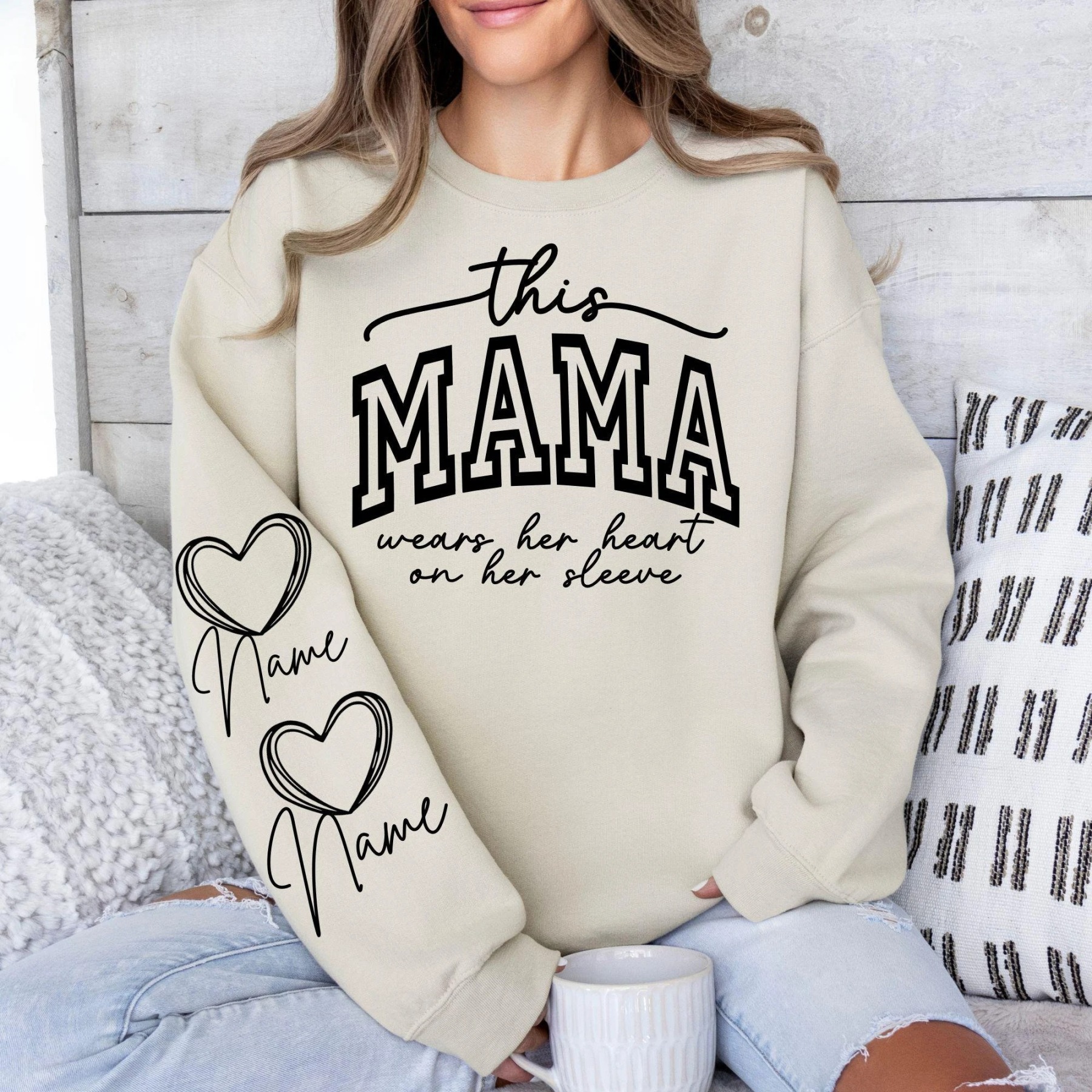 This Mama Wears Her Heart On Her Sleeve Crewneck, Hoodie