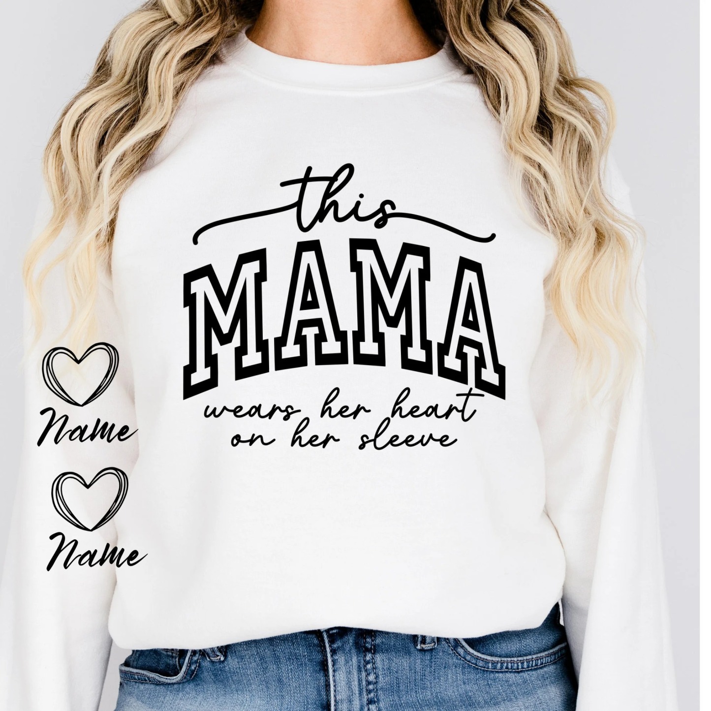 This Mama Wears Her Heart On Her Sleeve Crewneck, Hoodie