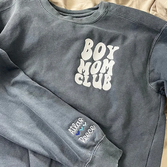 Boy Mom Club Sweatshirt, Mama Sweatshirt with Kids Name on Sleeve, Baby Shower Gift for Mom