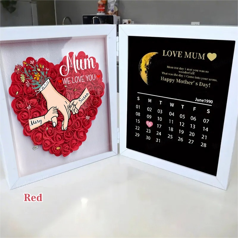 Mom We Love You With REAL MOON PHASE Anniversary Calendar - Personalized Mom & Grandma Flower Shadow Box with Names-Creatgifts