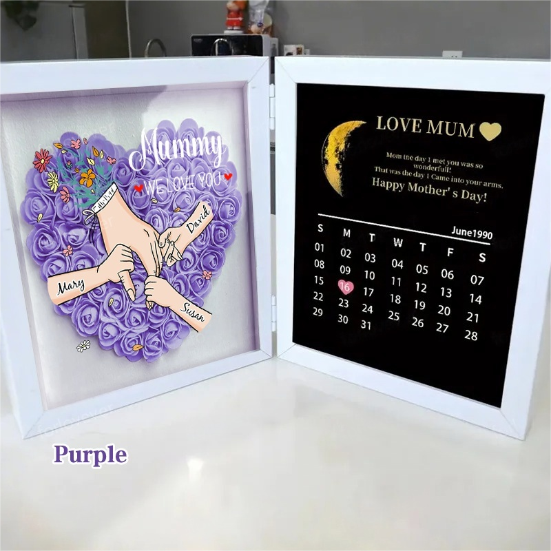 Mom We Love You With REAL MOON PHASE Anniversary Calendar - Personalized Mom & Grandma Flower Shadow Box with Names-Creatgifts