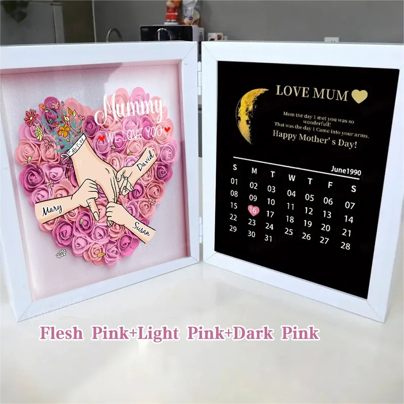 Mom We Love You With REAL MOON PHASE Anniversary Calendar - Personalized Mom & Grandma Flower Shadow Box with Names-Creatgifts