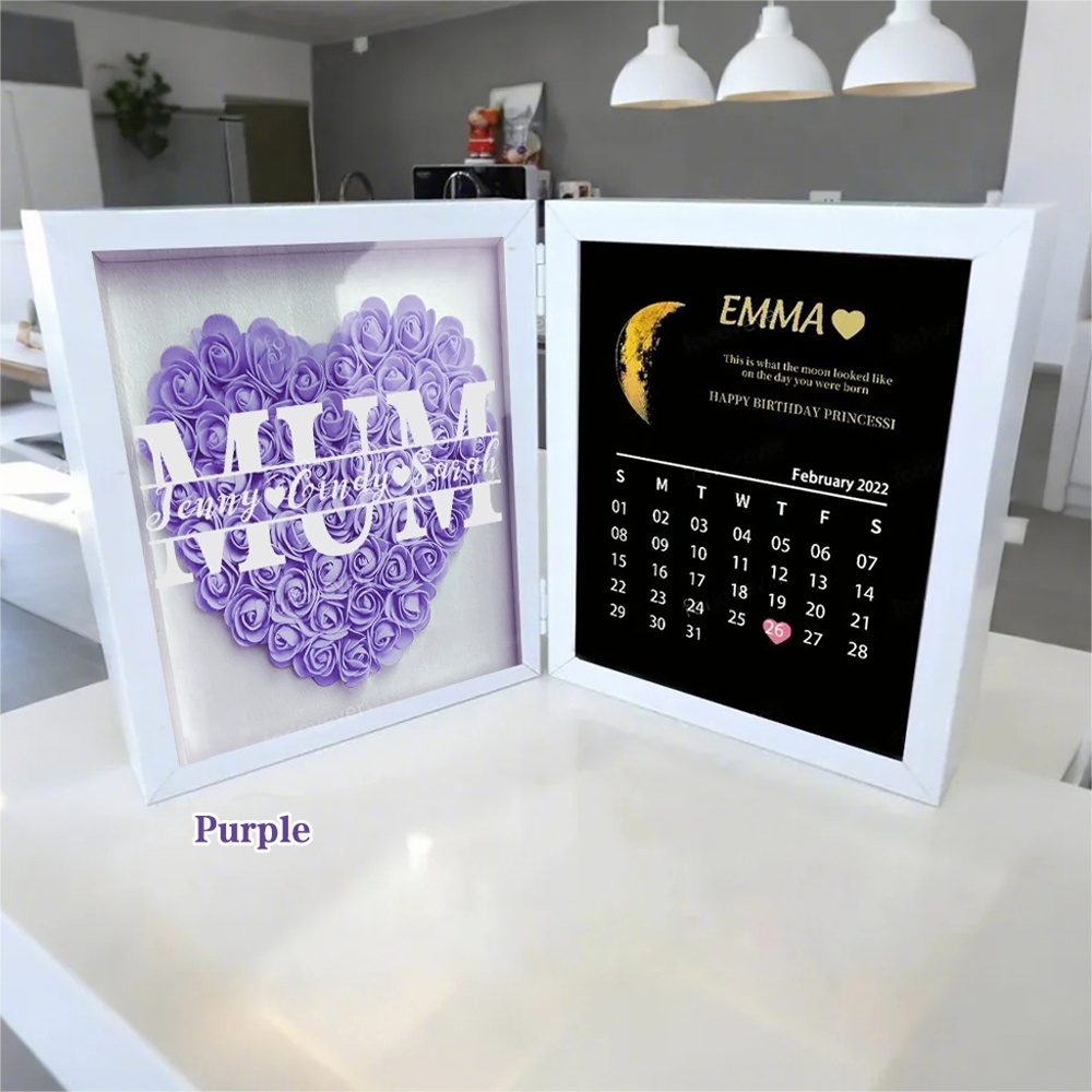 (Mum & Grand mum With Name) With REAL MOON PHASE Anniversary Calendar Custom flower frame