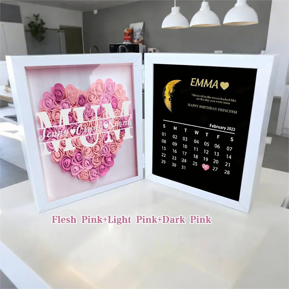 (Mum & Grand mum With Name) With REAL MOON PHASE Anniversary Calendar Custom flower frame