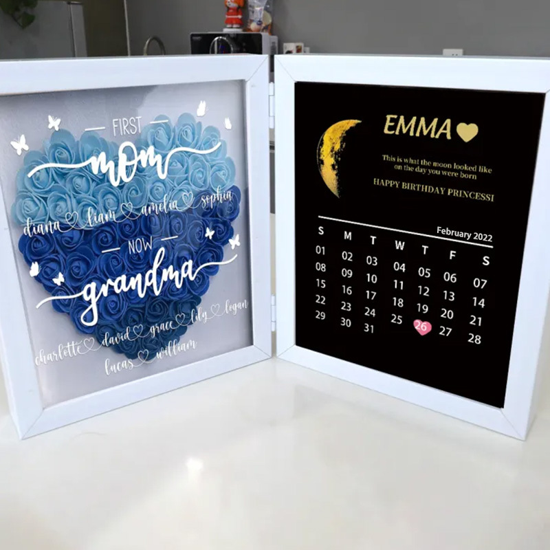 First Mum Now Grandma With REAL MOON PHASE Anniversary Calendar- Personalized Flower Shadow Box