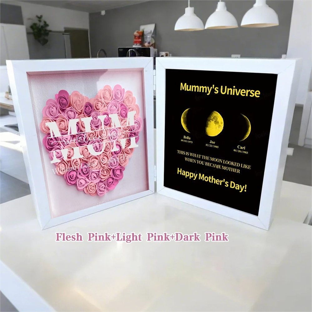 Mom We Love You With REAL MOON PHASE Anniversary Calendar - Mommy's Universe Personalized Heart Shape Flower Shadow Box-Creatgifts