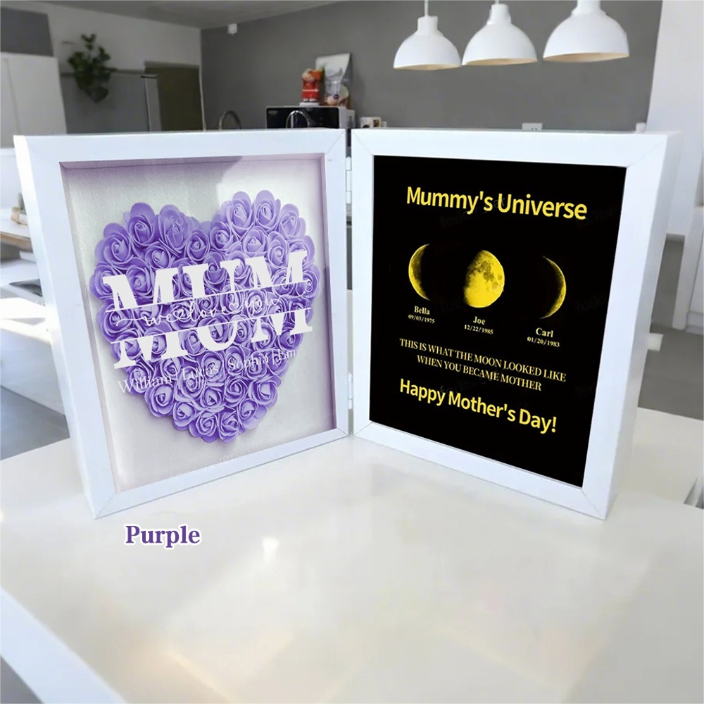 Mom We Love You With REAL MOON PHASE Anniversary Calendar - Mommy's Universe Personalized Heart Shape Flower Shadow Box-Creatgifts