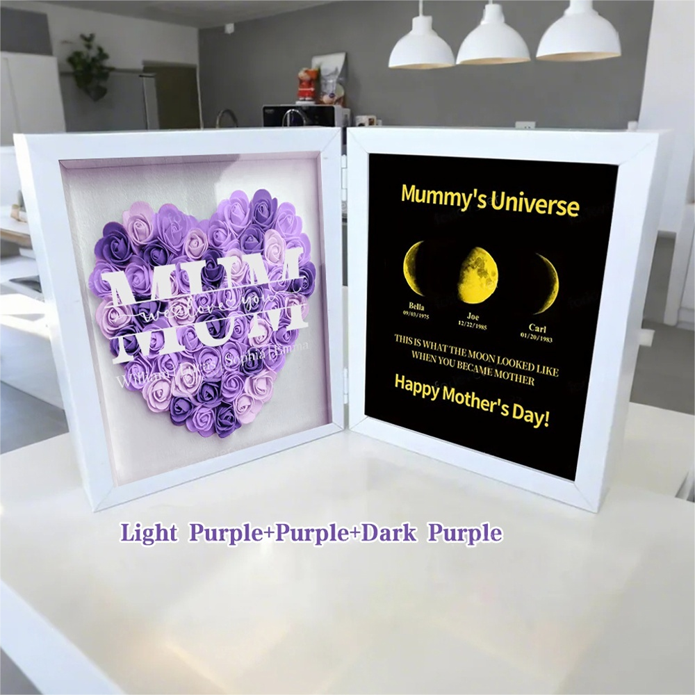 Mom We Love You With REAL MOON PHASE Anniversary Calendar - Mommy's Universe Personalized Heart Shape Flower Shadow Box-Creatgifts