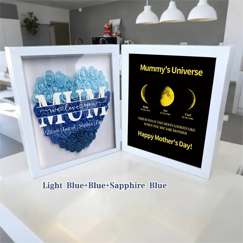 Mom We Love You With REAL MOON PHASE Anniversary Calendar - Mommy's Universe Personalized Heart Shape Flower Shadow Box-Creatgifts