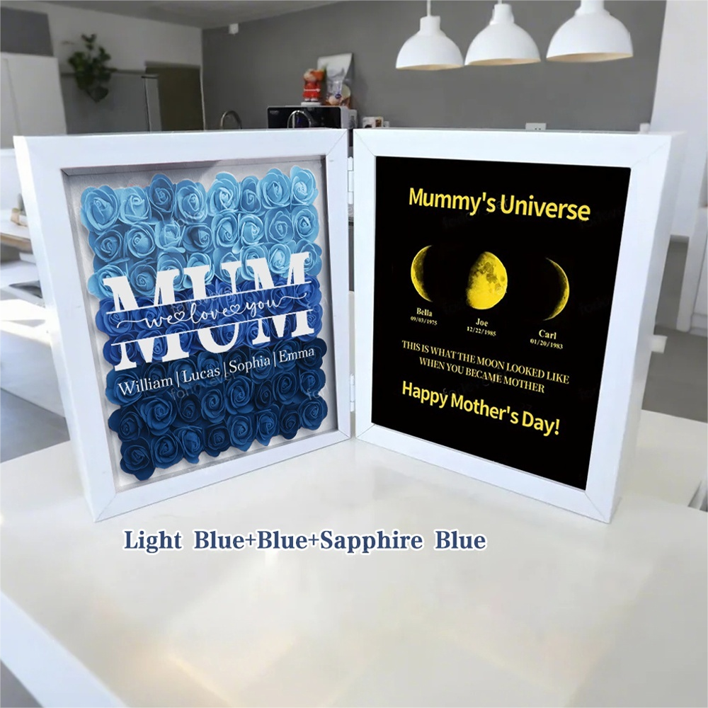 Mom We Love You With REAL MOON PHASE Anniversary Calendar - Mommy's Universe Personalized Heart Shape Flower Shadow Box-Creatgifts