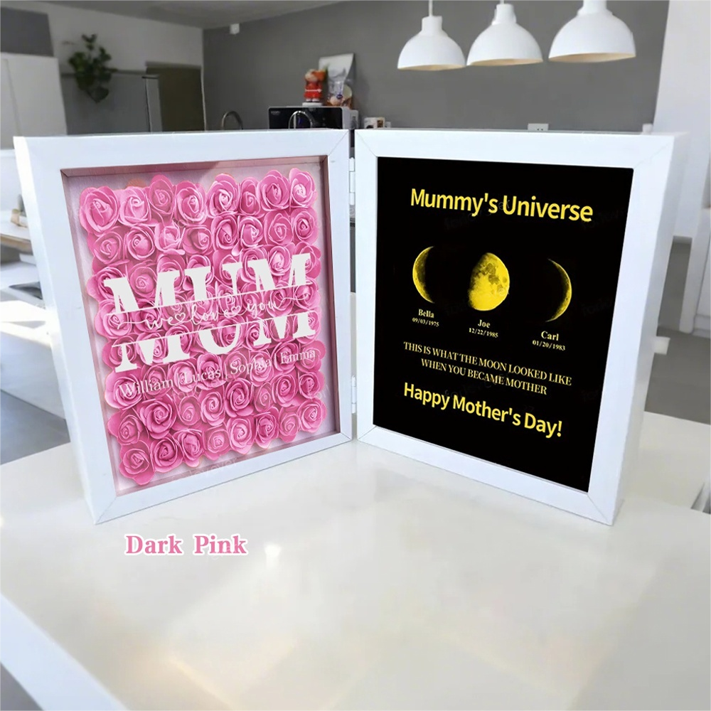 Mom We Love You With REAL MOON PHASE Anniversary Calendar - Mommy's Universe Personalized Heart Shape Flower Shadow Box-Creatgifts