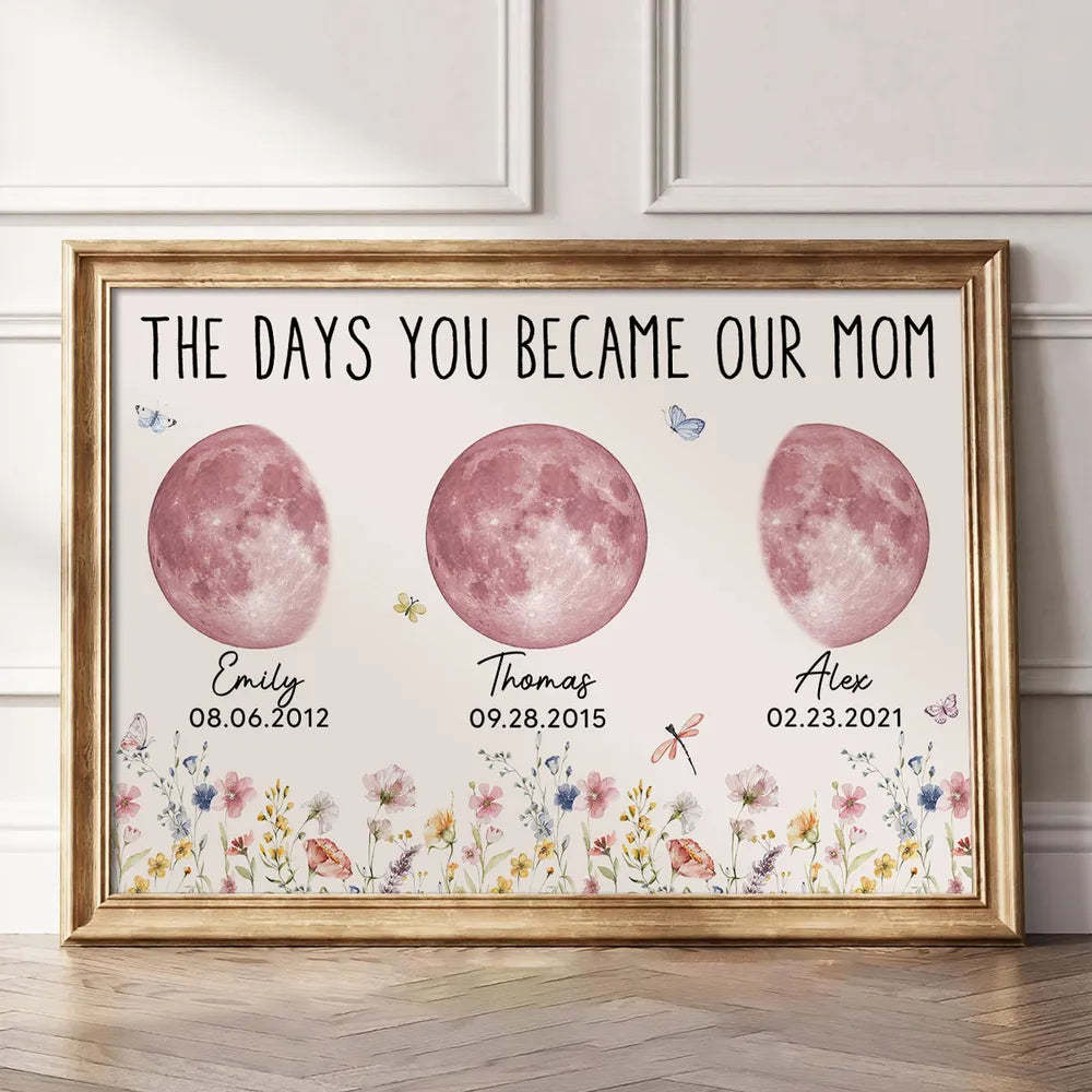 Wild Flowers The Day You Become Mom Grandma Custom Pink Birthday Moon Phase Personalized Poster