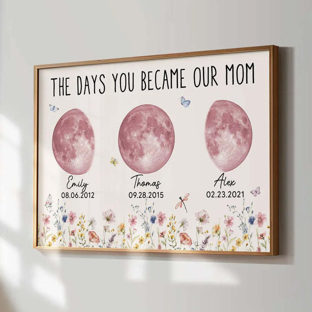 Wild Flowers The Day You Become Mom Grandma Custom Pink Birthday Moon Phase Personalized Poster