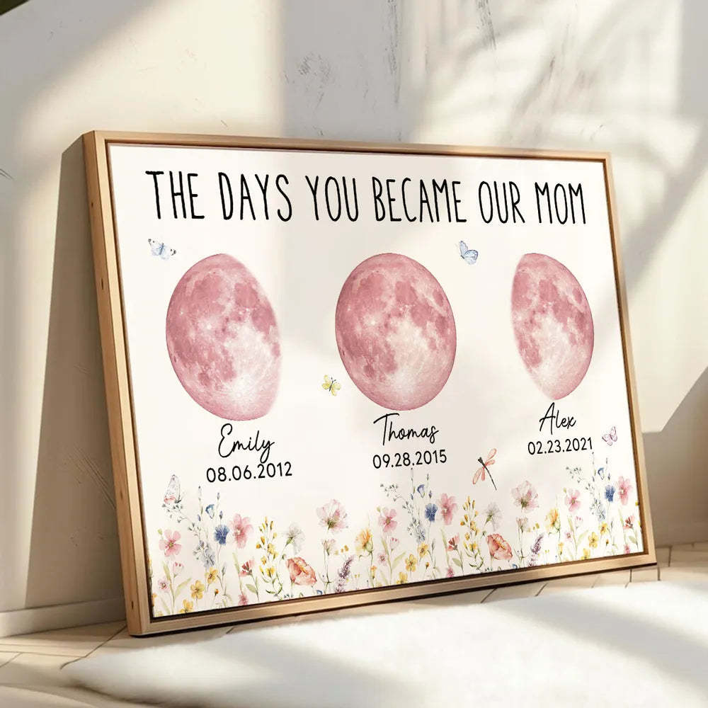 Wild Flowers The Day You Become Mom Grandma Custom Pink Birthday Moon Phase Personalized Poster
