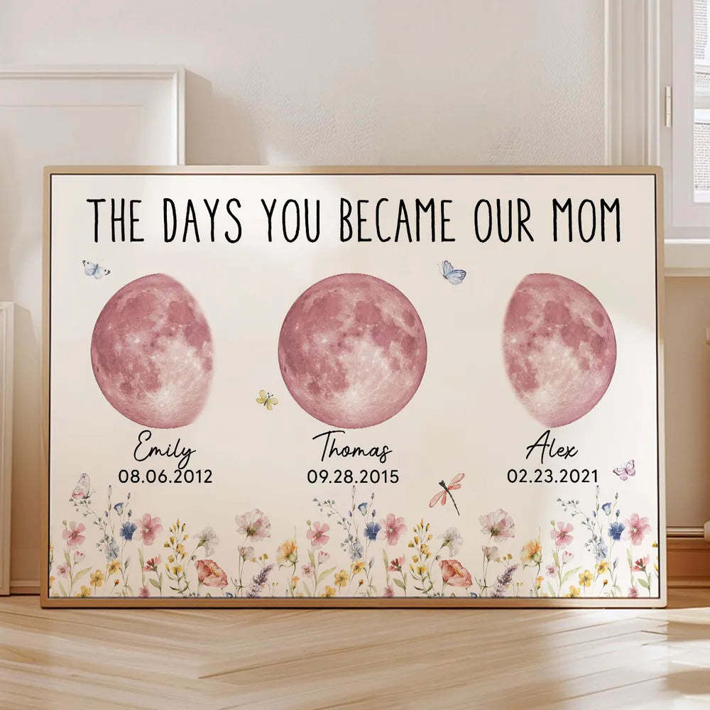 Wild Flowers The Day You Become Mom Grandma Custom Pink Birthday Moon Phase Personalized Poster