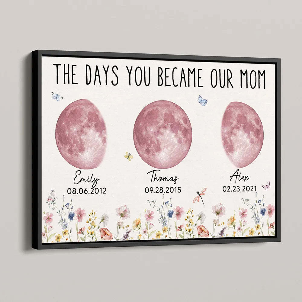 Wild Flowers The Day You Become Mom Grandma Custom Pink Birthday Moon Phase Personalized Poster