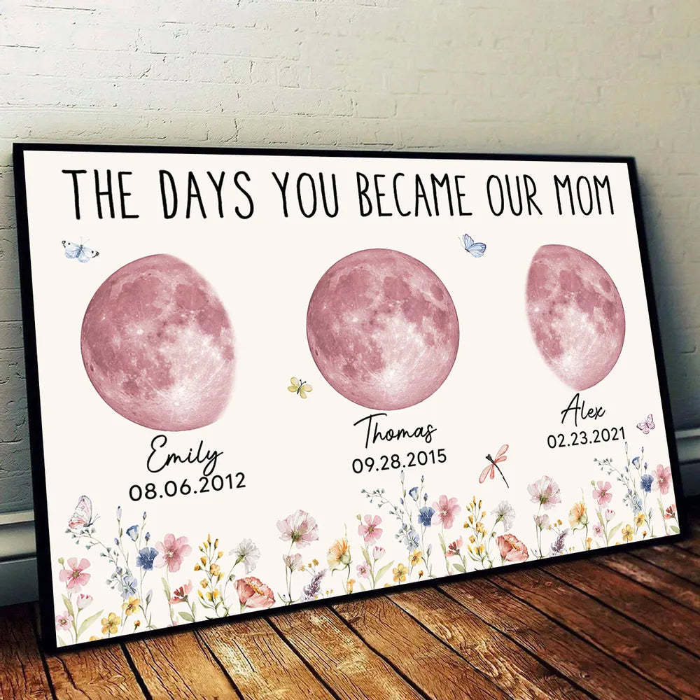 Wild Flowers The Day You Become Mom Grandma Custom Pink Birthday Moon Phase Personalized Poster